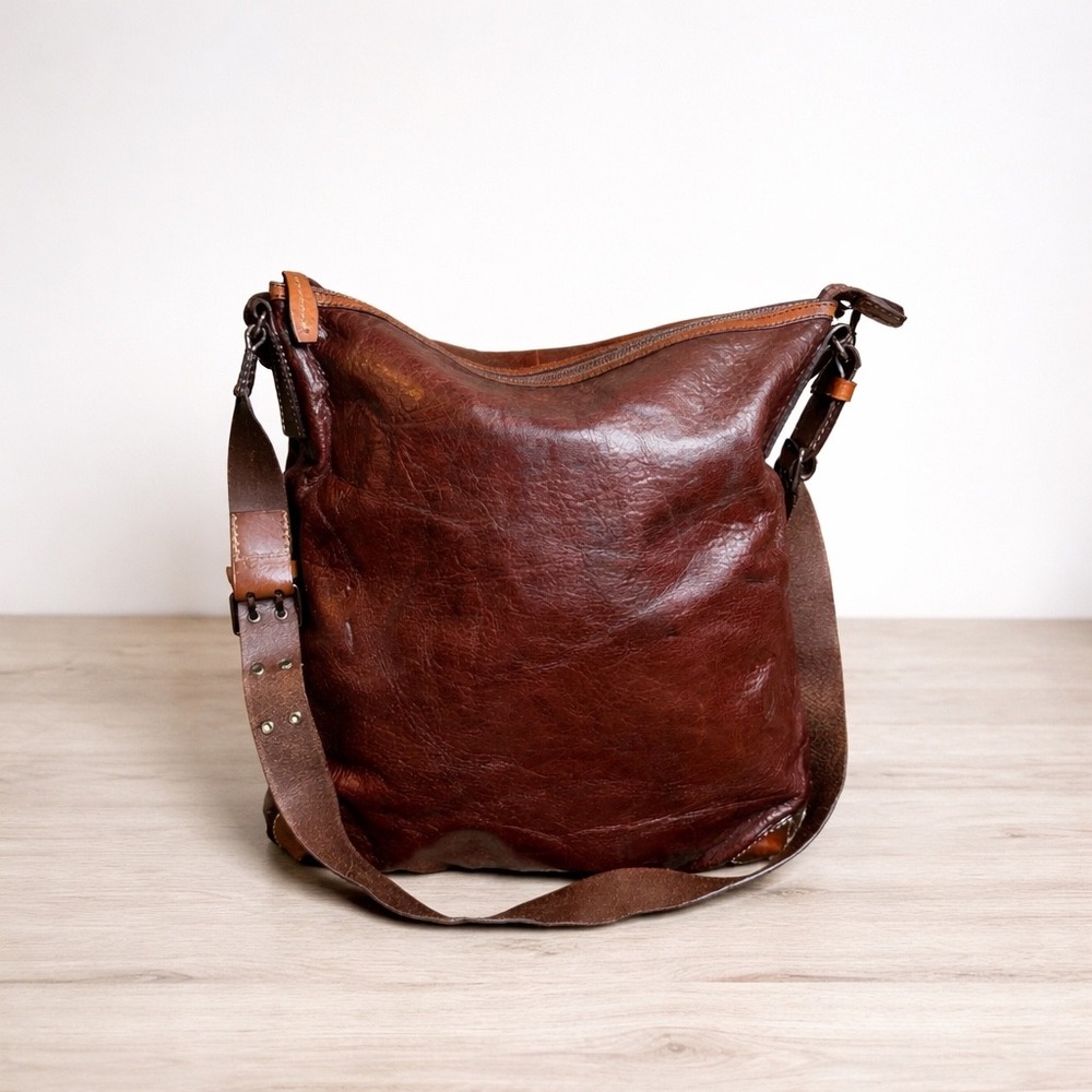 Francesco Biasia Brown Leather Crossbody Messenger Bag Vintage Distressed Large
